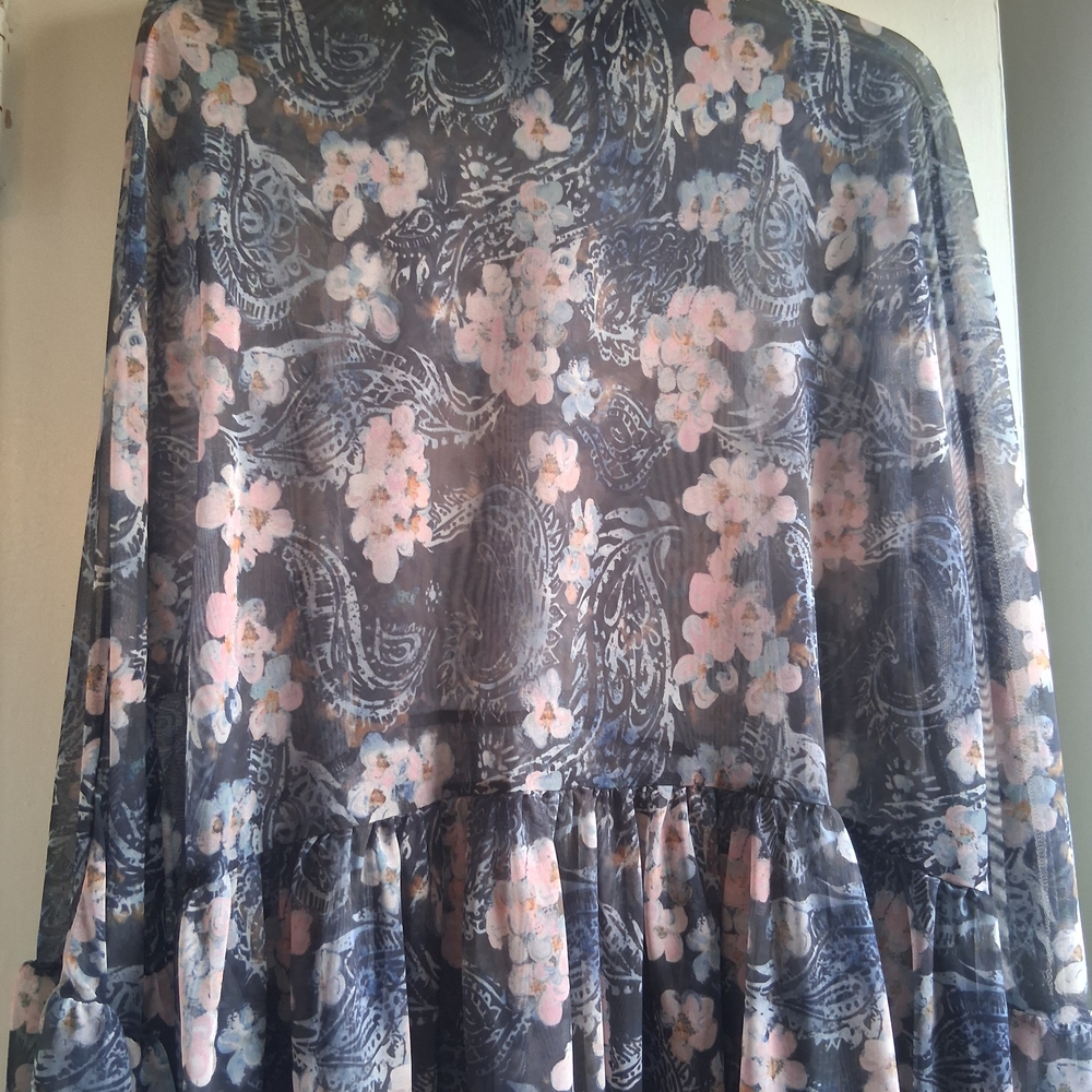 Zara Blue Gray Floral Mesh Turtleneck Babydoll Style Blouse